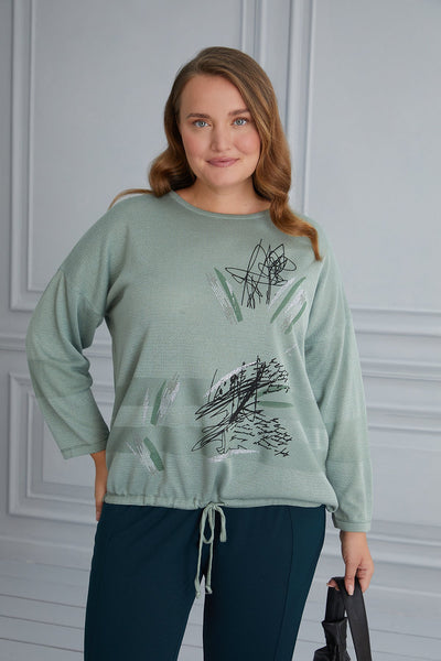 Maxi knit blouse with lettering and ties - green