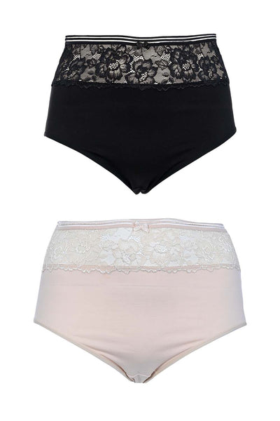 Plus size set of 2 cotton panties with lace - Black and Ecru