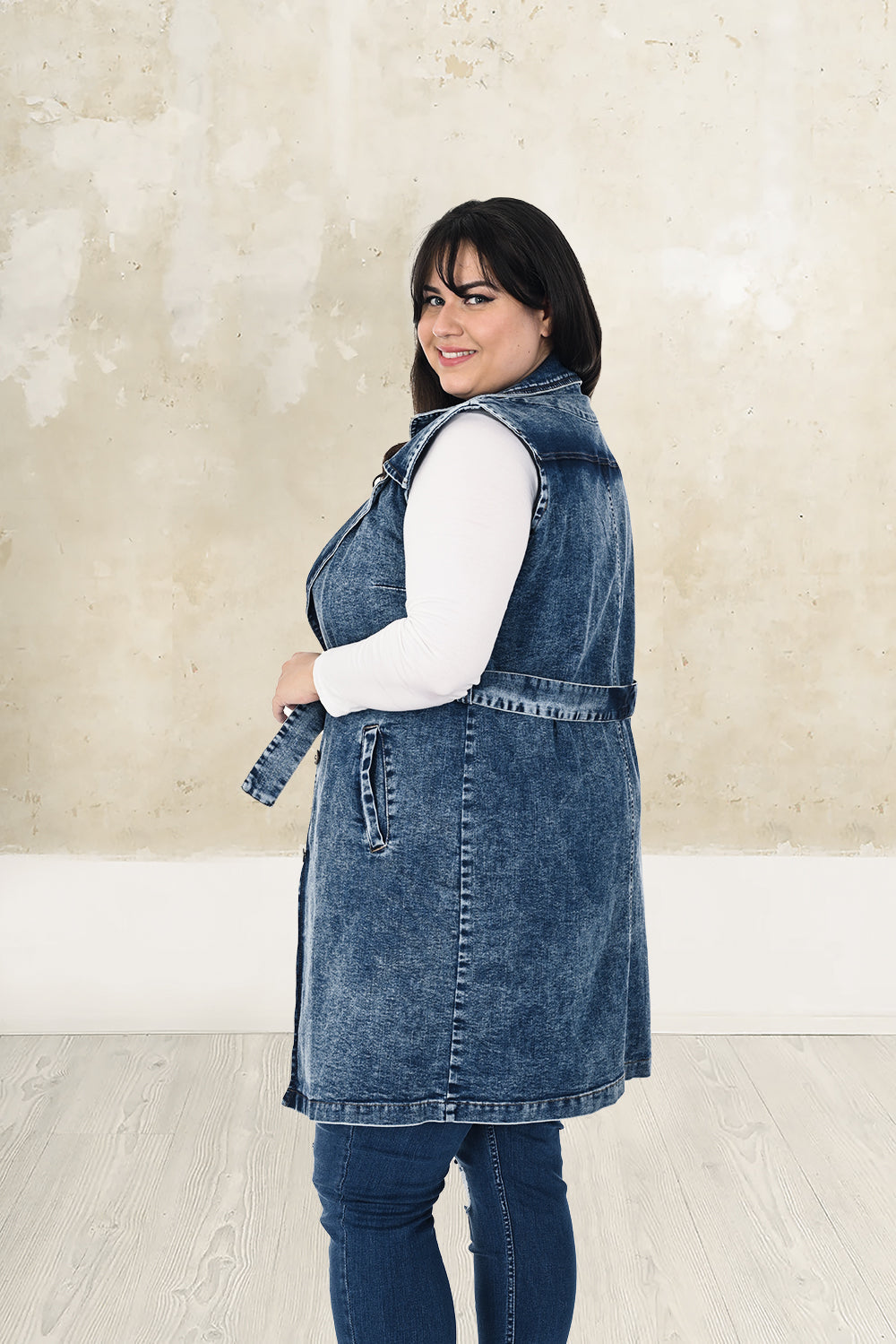 Plus size long denim vest with belt