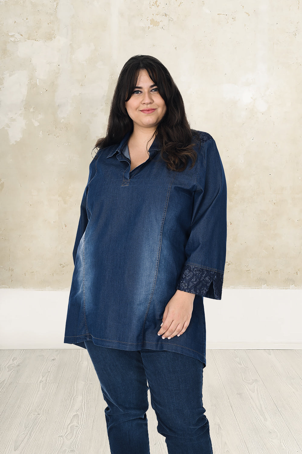 Plus size denim shirt with lace