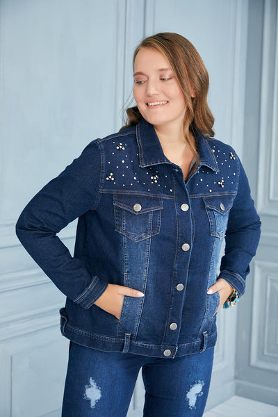 Plus size denim jacket with decoration - Denim