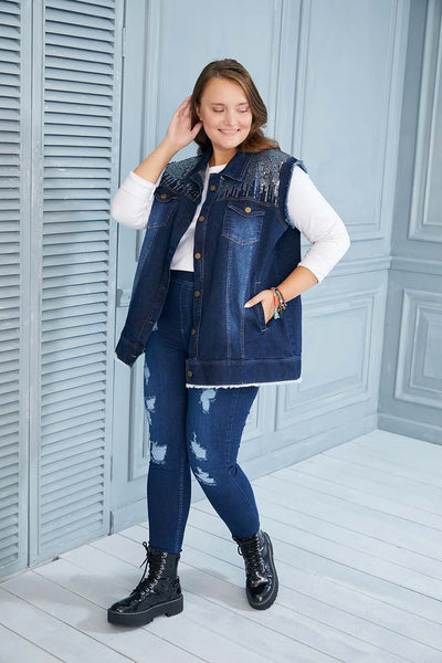 Plus size denim vest with sequin accent women