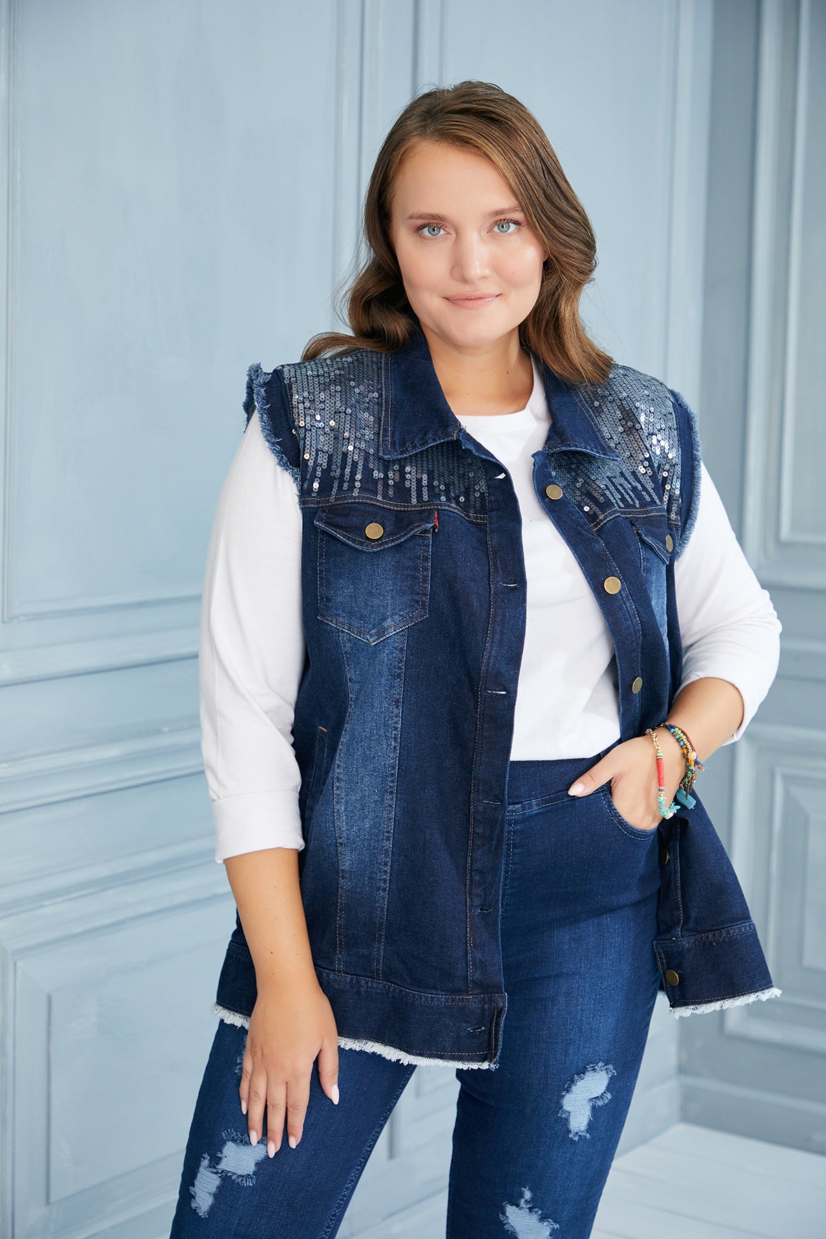 Plus size denim vest with sequin accent women