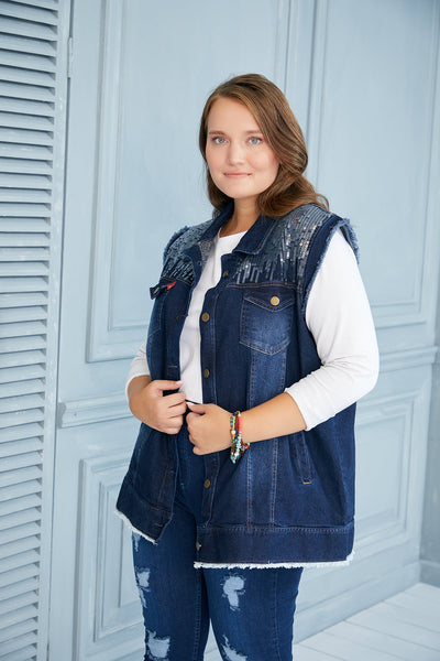 Plus size denim vest with sequin accent women