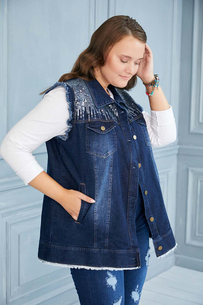 Plus size denim vest with sequin accent women