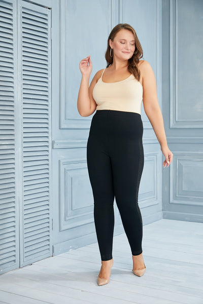 Plus size leggings with rhinestone trim