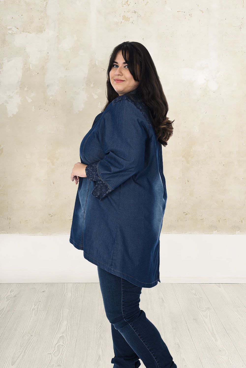 Plus size denim shirt with lace