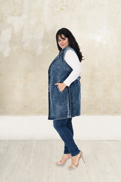 Plus size long denim vest with belt