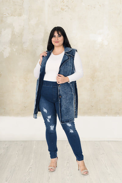 Plus size long denim vest with belt