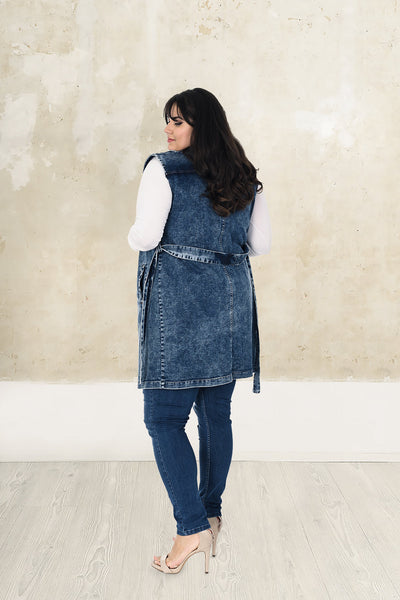 Plus size long denim vest with belt