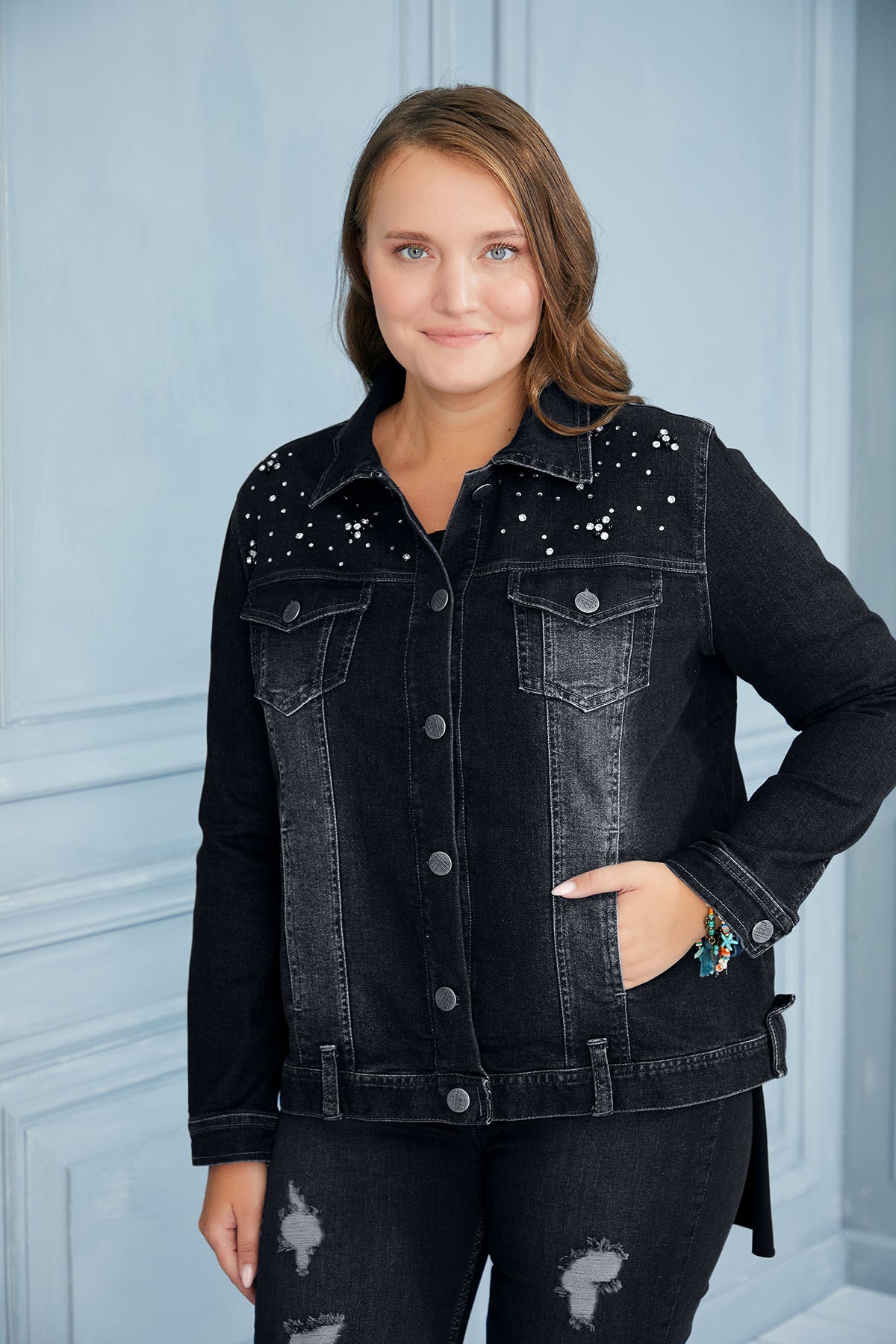 Plus size denim jacket with decoration - Graphite