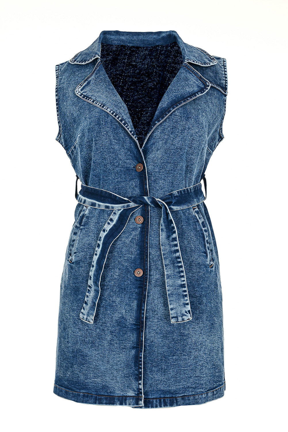 Plus size long denim vest with belt