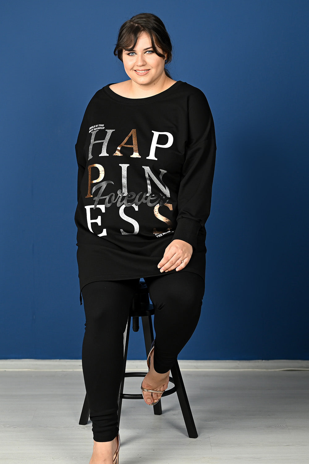 Plus size blouse with print "HAPPINESS" women