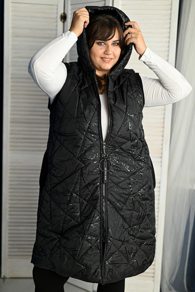 Plus size long quilted vest in large Sizes - Black