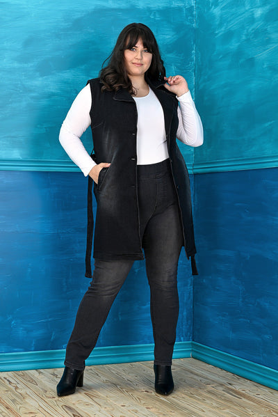 Plus size long denim vest with belt - Graphite