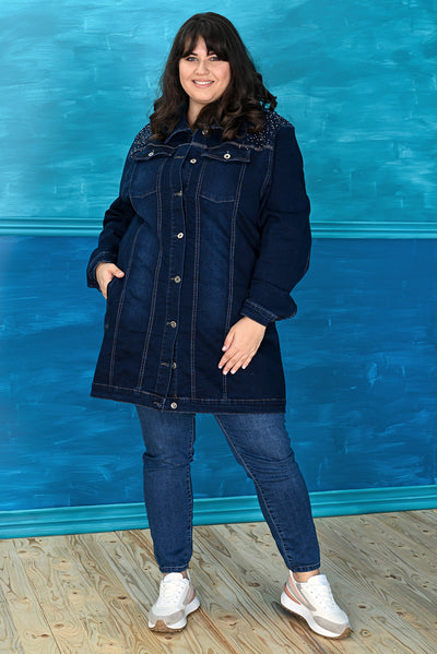 Plus size elongated denim jacket with decoration