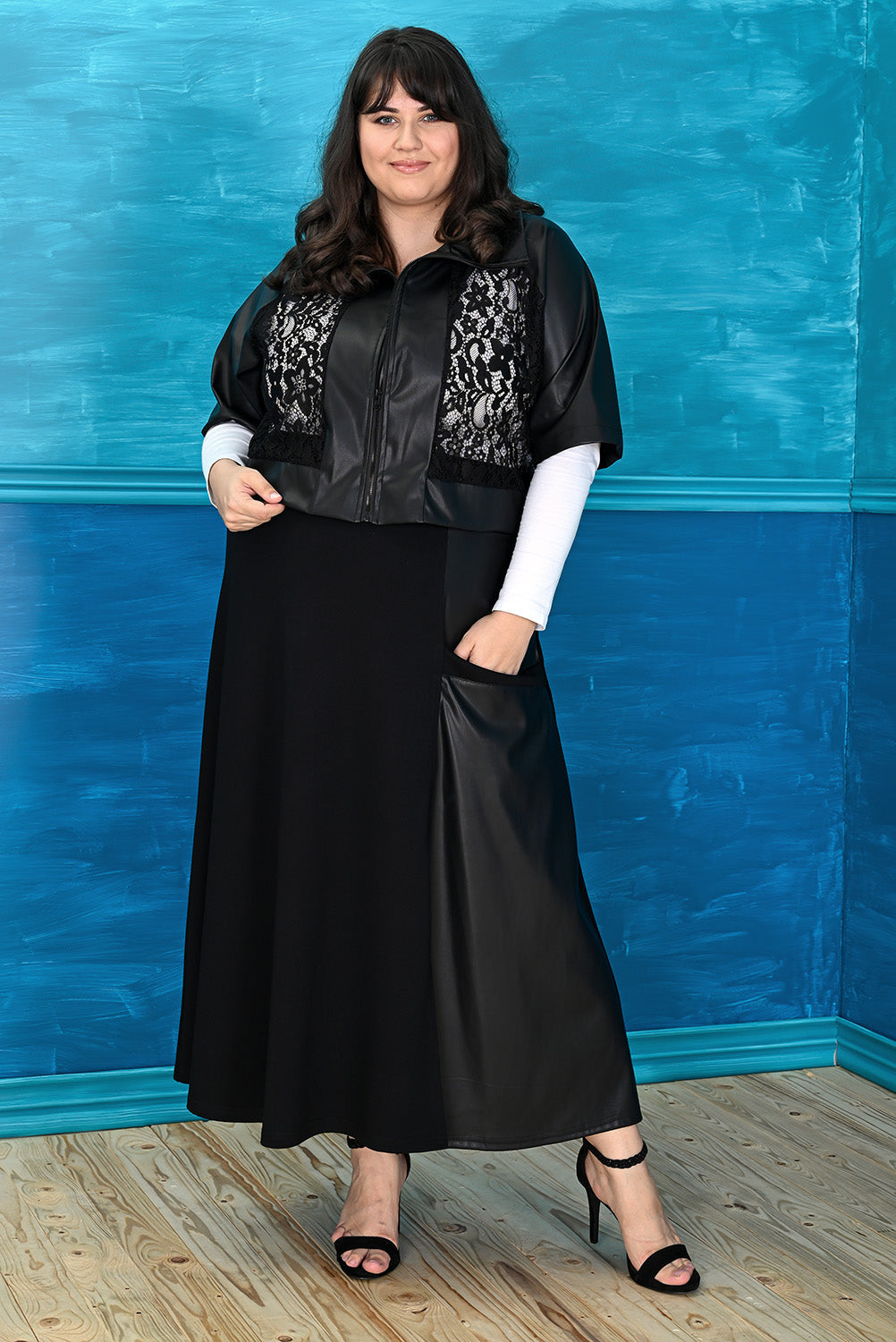 Plus size long skirt with slit and leather women