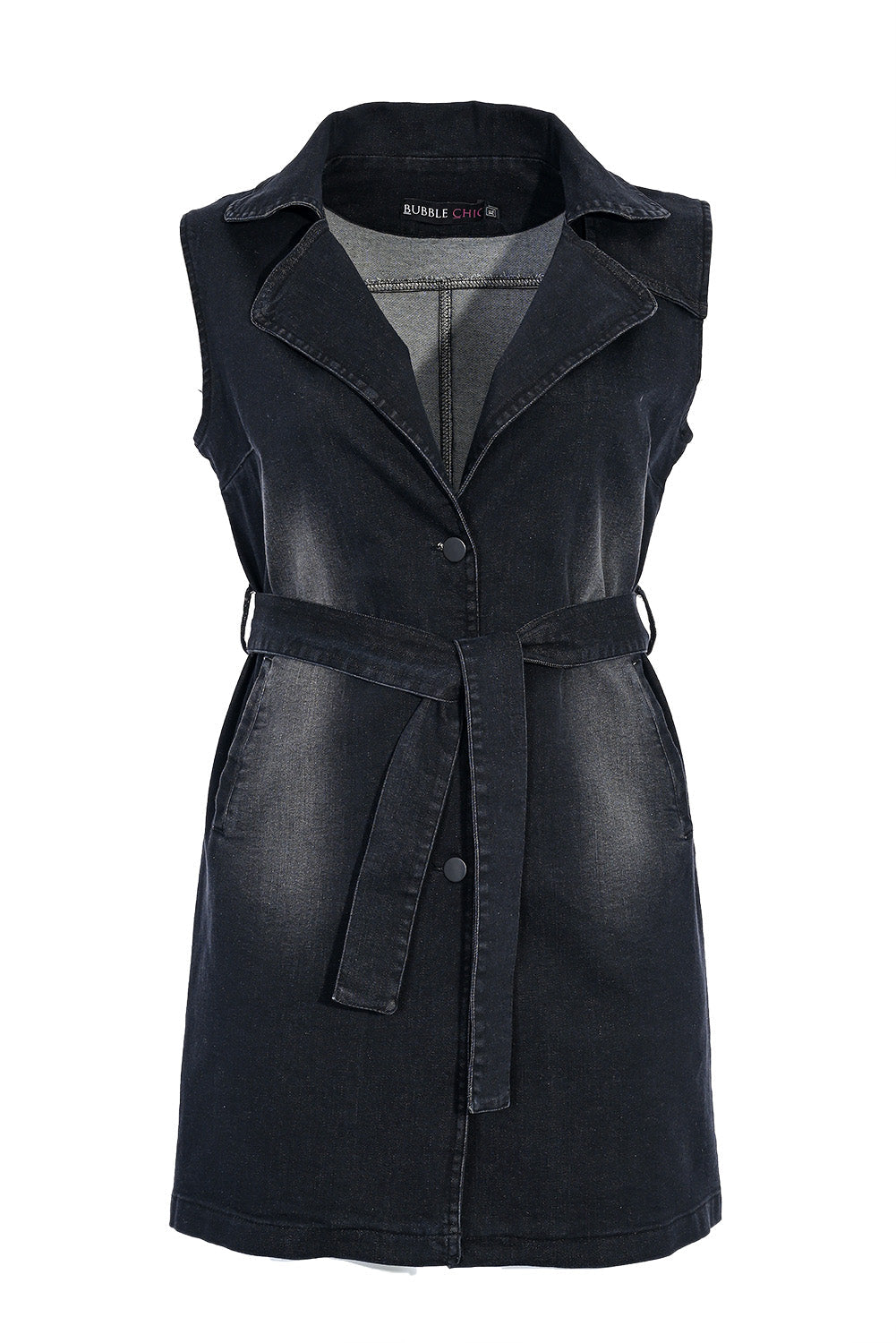 Plus size long denim vest with belt - Graphite