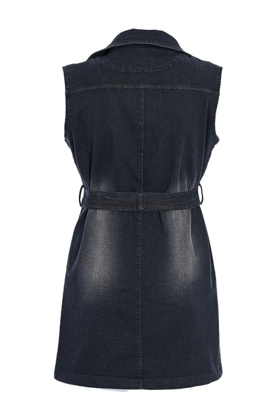 Plus size long denim vest with belt - Graphite