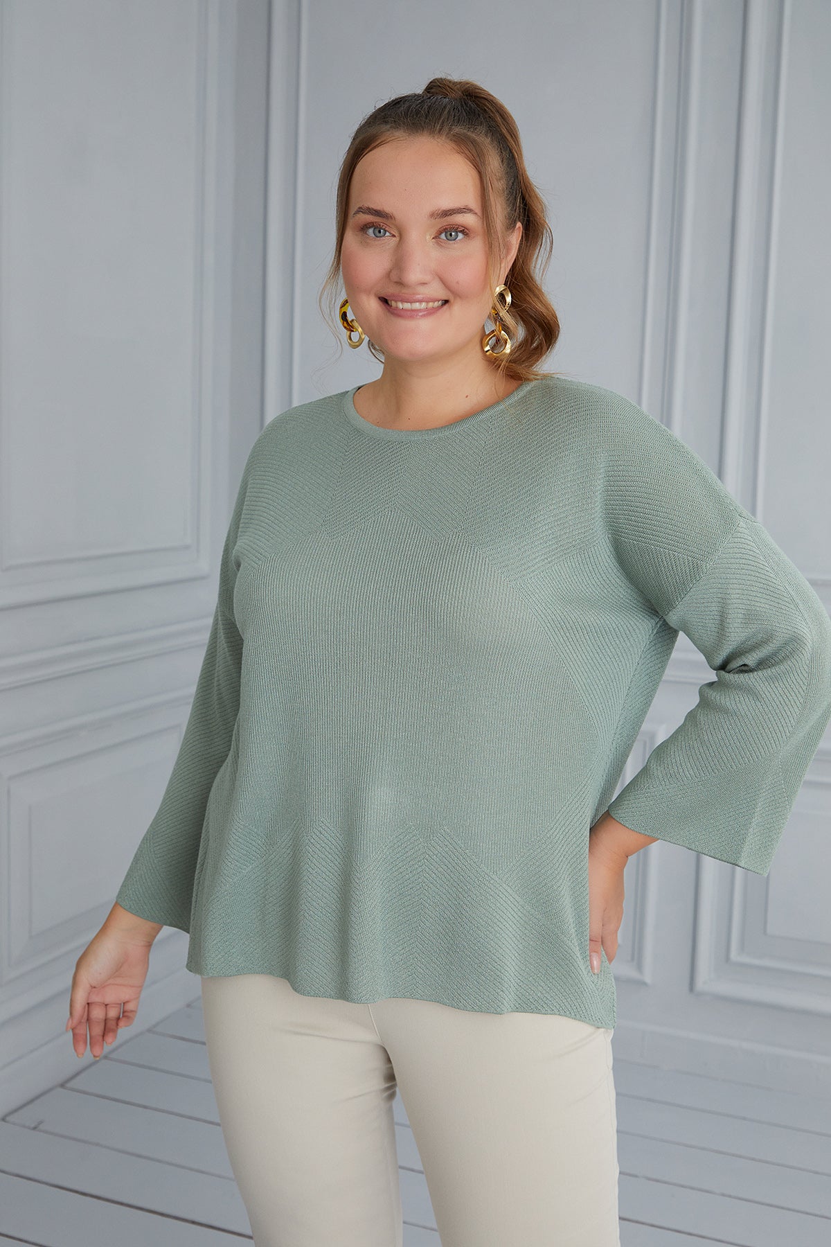 Oversized Blouse with Flared Sleeves - Green