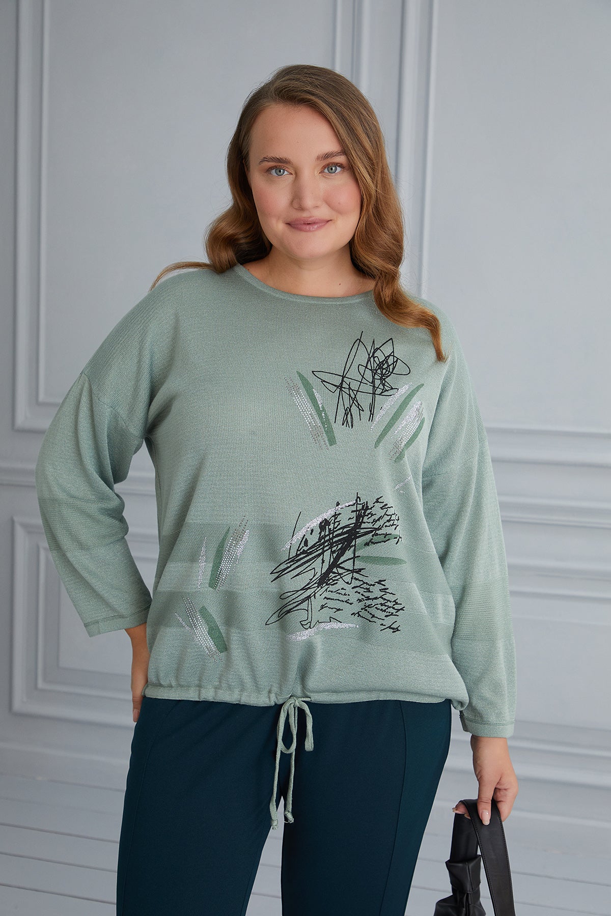 Maxi knit blouse with lettering and ties - green