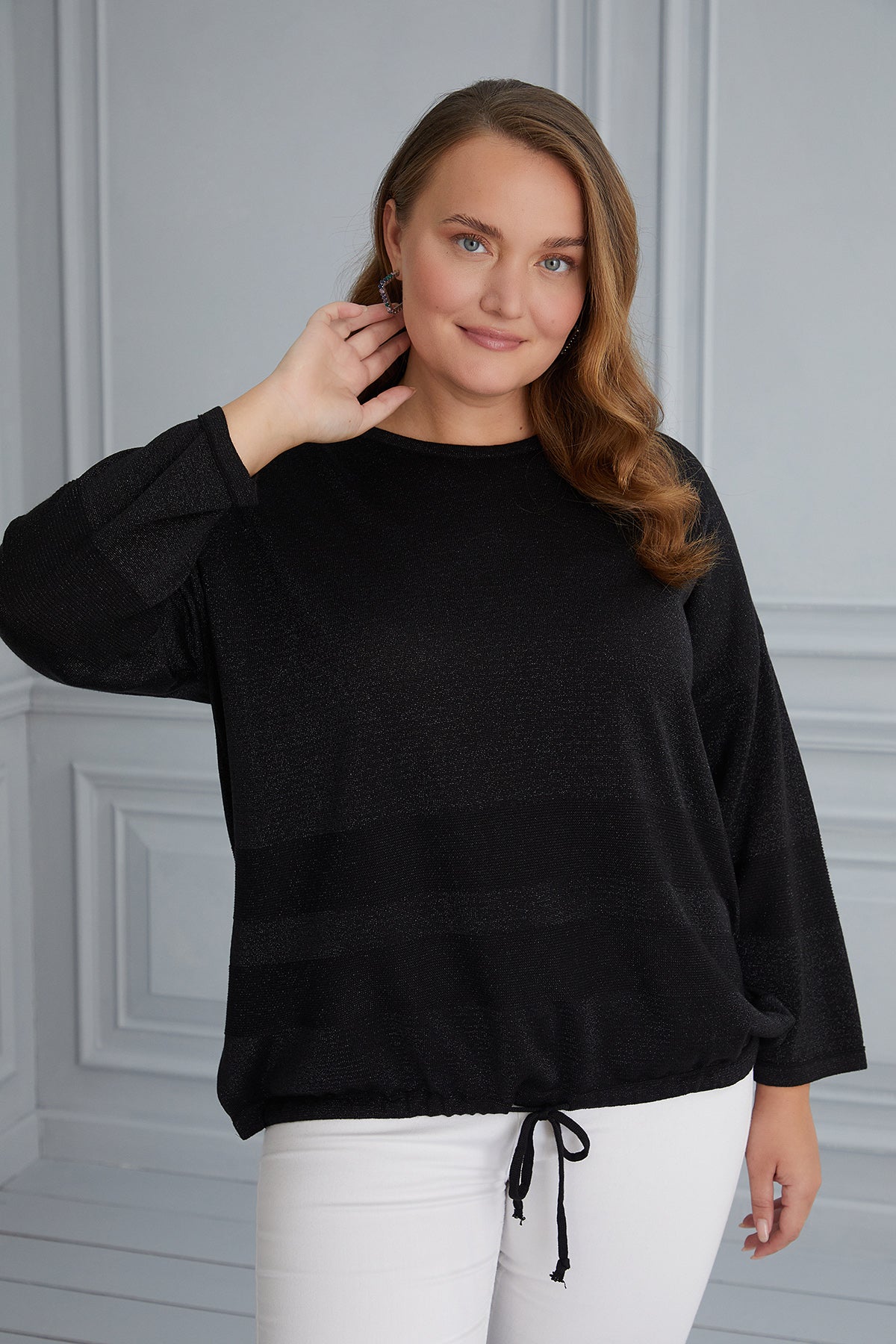 Maxi striped knit blouse with ties - black