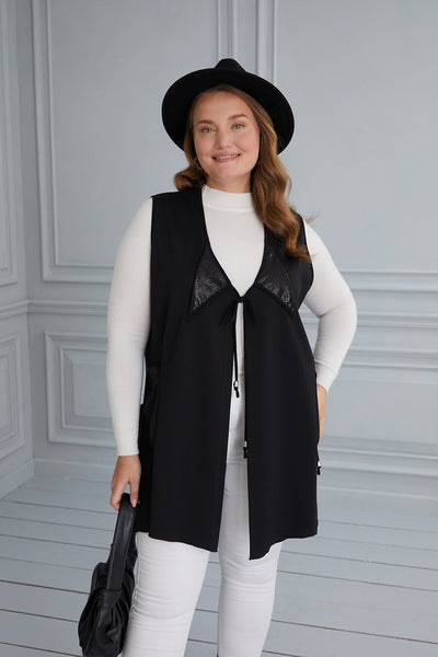 Maxi knitted vest with ties-black