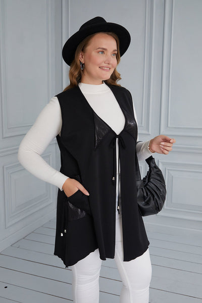 Maxi knitted vest with ties-black