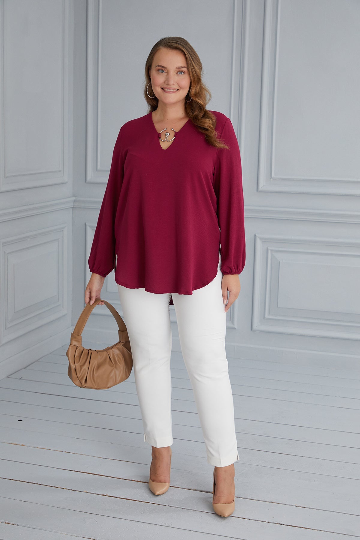 Maxi tunic with original neckline - raspberry