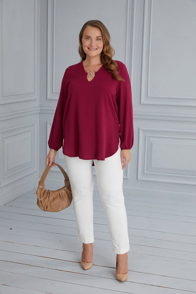 Maxi tunic with original neckline - raspberry