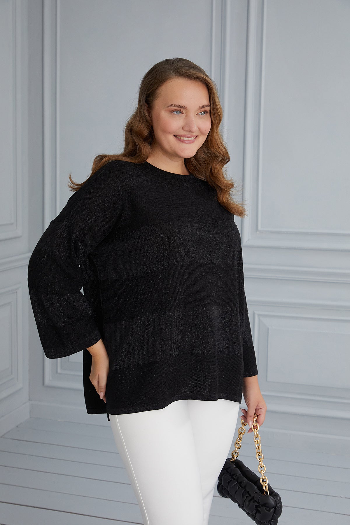 Knit blouse with delicate stripes - black