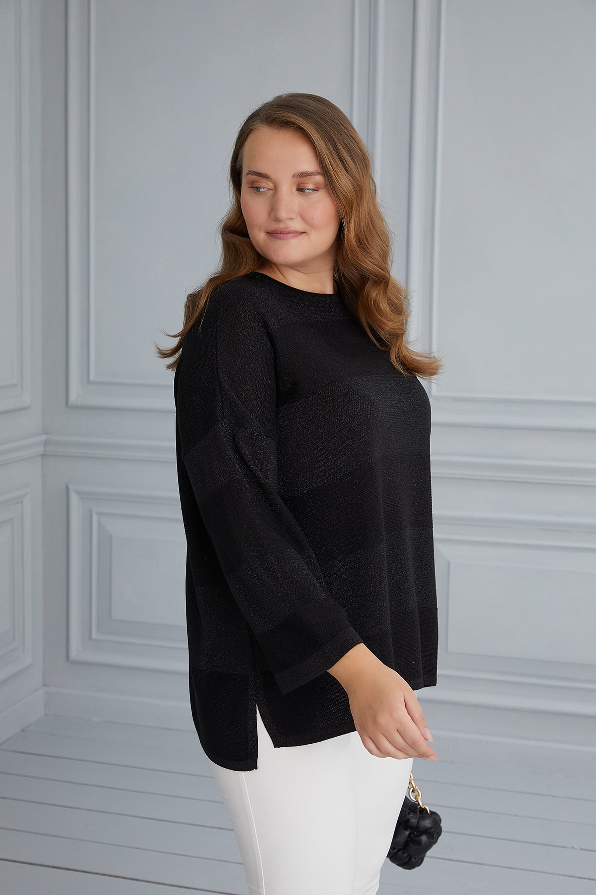 Knit blouse with delicate stripes - black