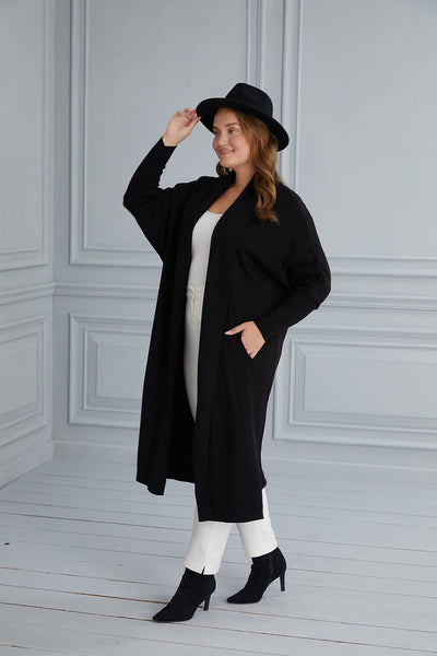 Long maxi cardigan with bat sleeves - black