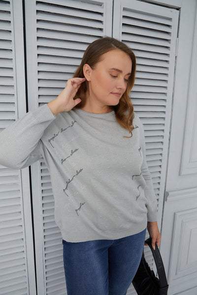 Maxi knit blouse with delicate decoration - grey