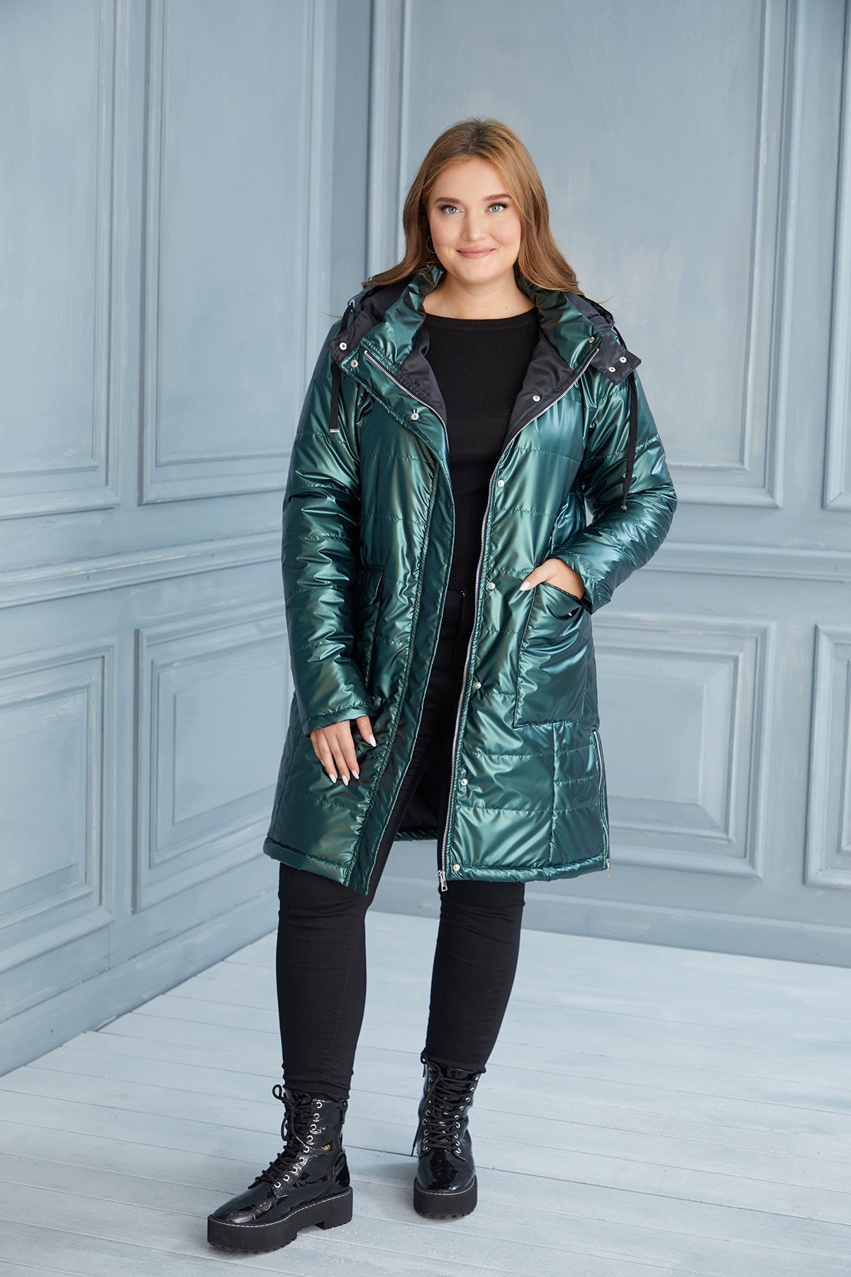 Plus size lightweight long jacket with side zips - Dark Green