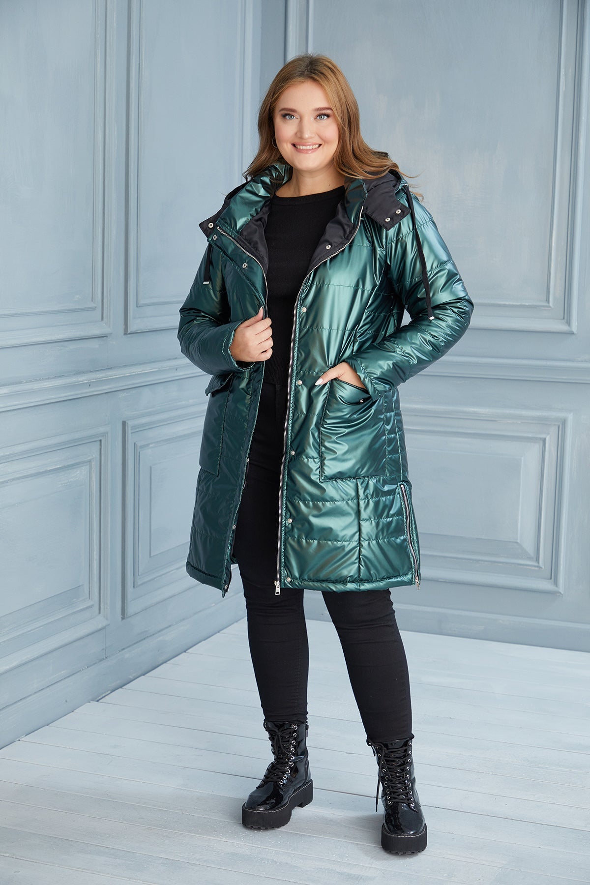 Plus size lightweight long jacket with side zips - Dark Green