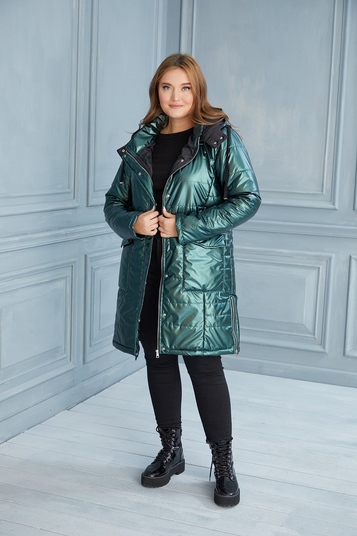 Plus size lightweight long jacket with side zips - Dark Green