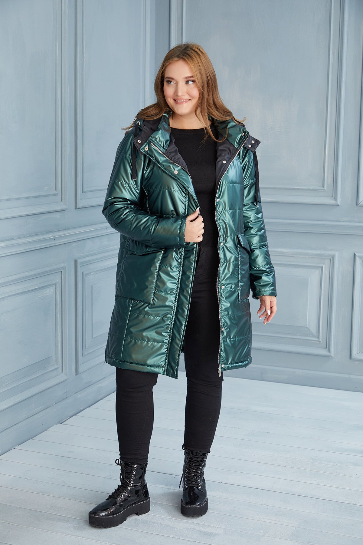 Plus size lightweight long jacket with side zips - Dark Green