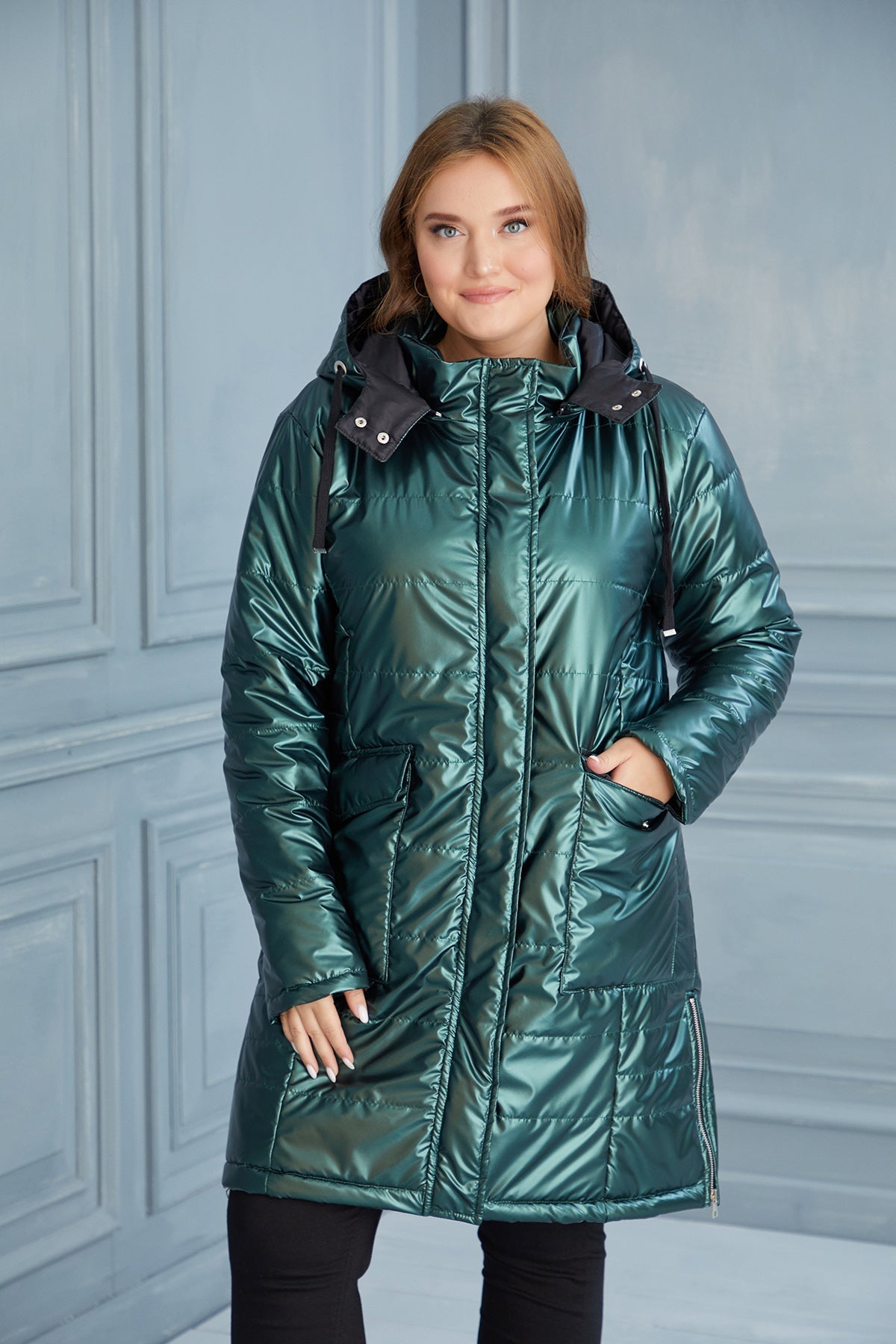 Plus size lightweight long jacket with side zips - Dark Green