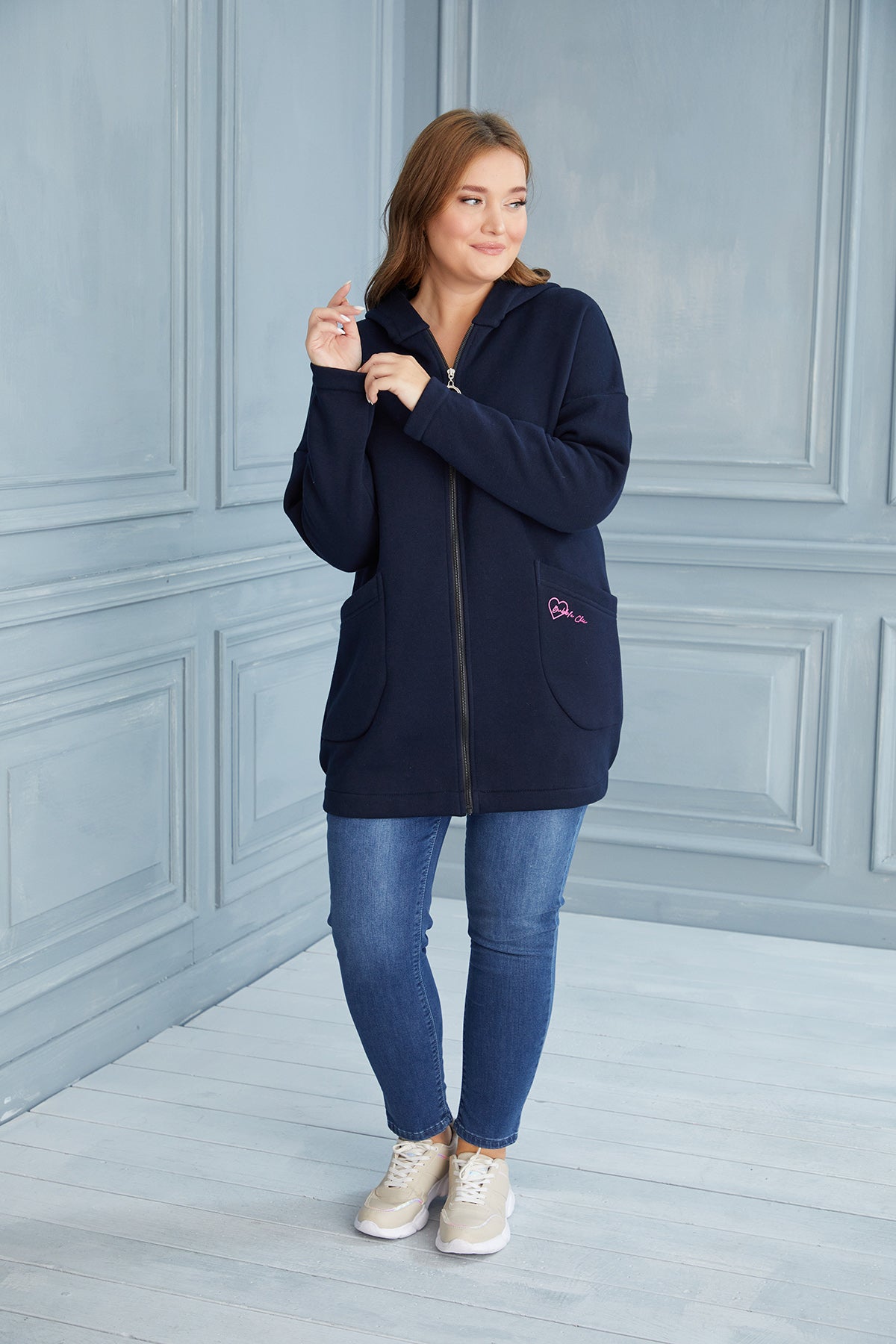 Plus size long hooded sweatshirt - Dark Blue