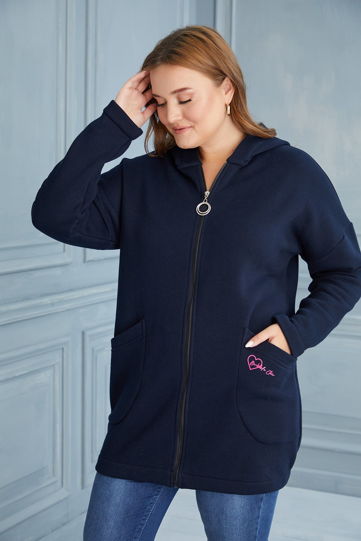 Plus size long hooded sweatshirt - Dark Blue