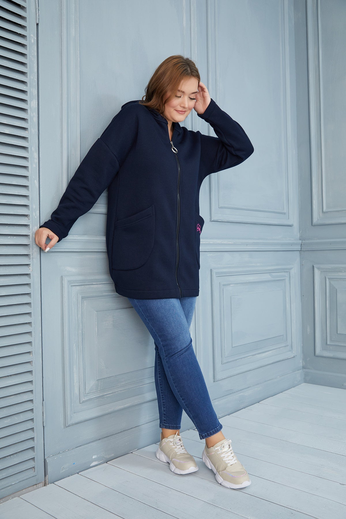 Plus size long hooded sweatshirt - Dark Blue