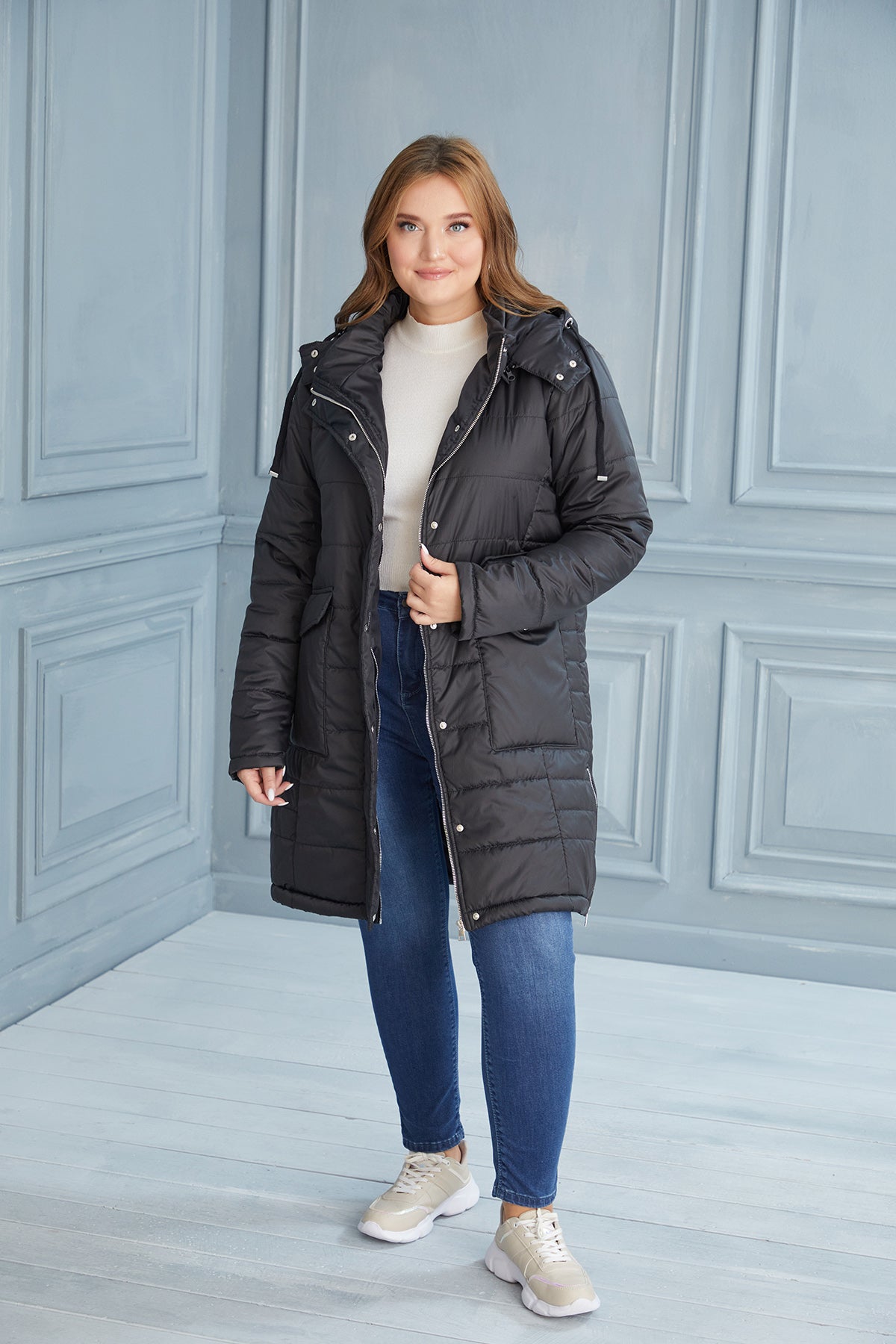 Plus size lightweight long jacket with side zips