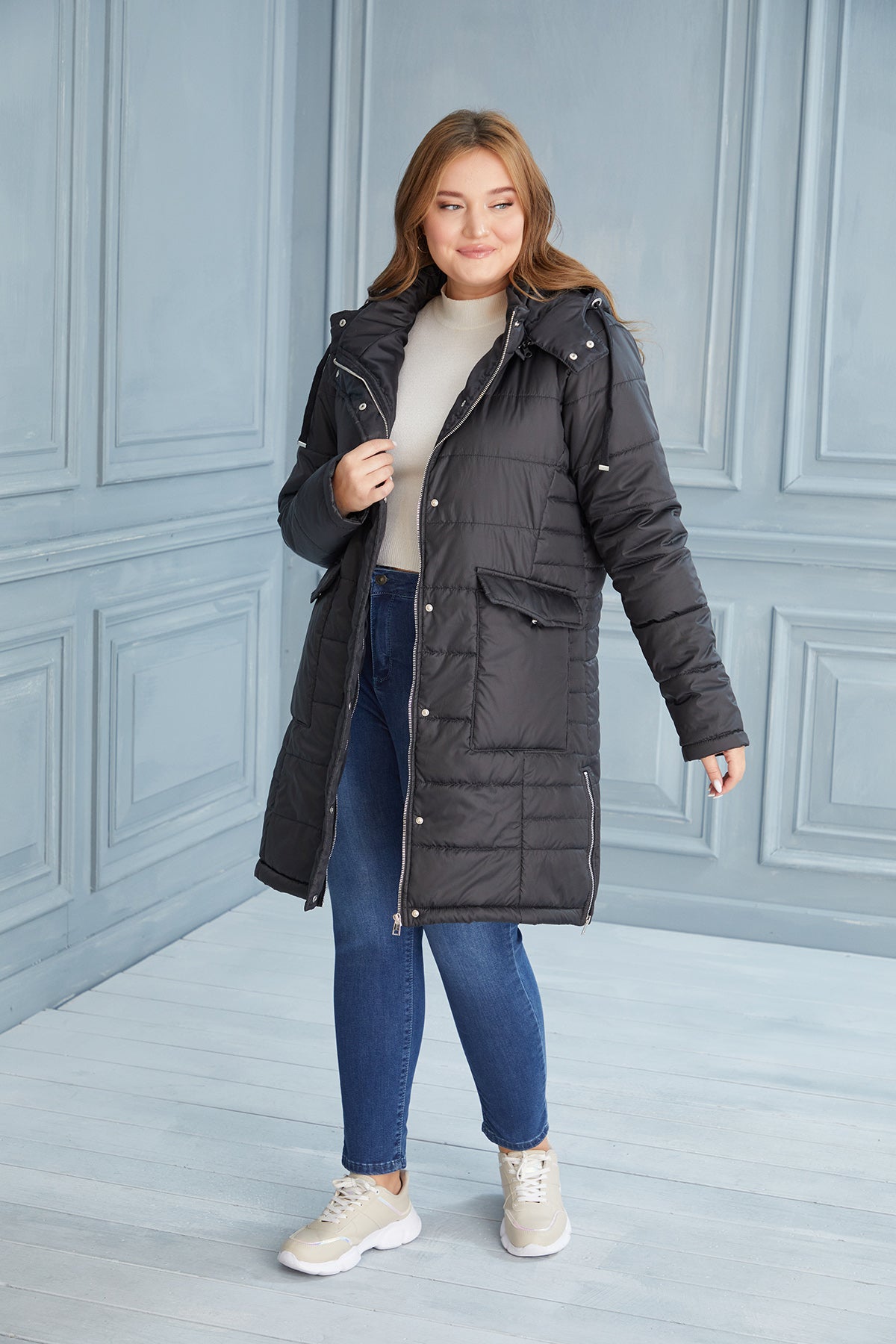 Plus size lightweight long jacket with side zips